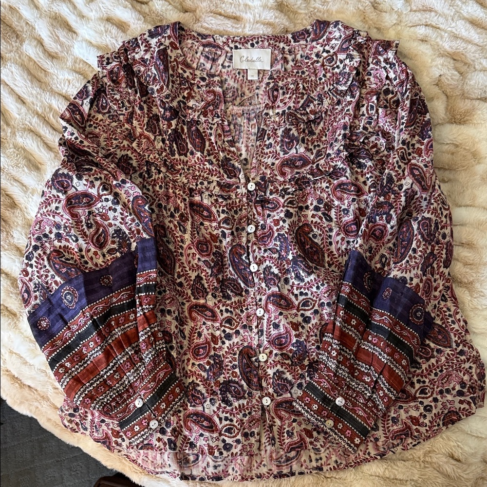 Cleobella Paisley Button-Front Blouse in Cream, Purple, and Rust